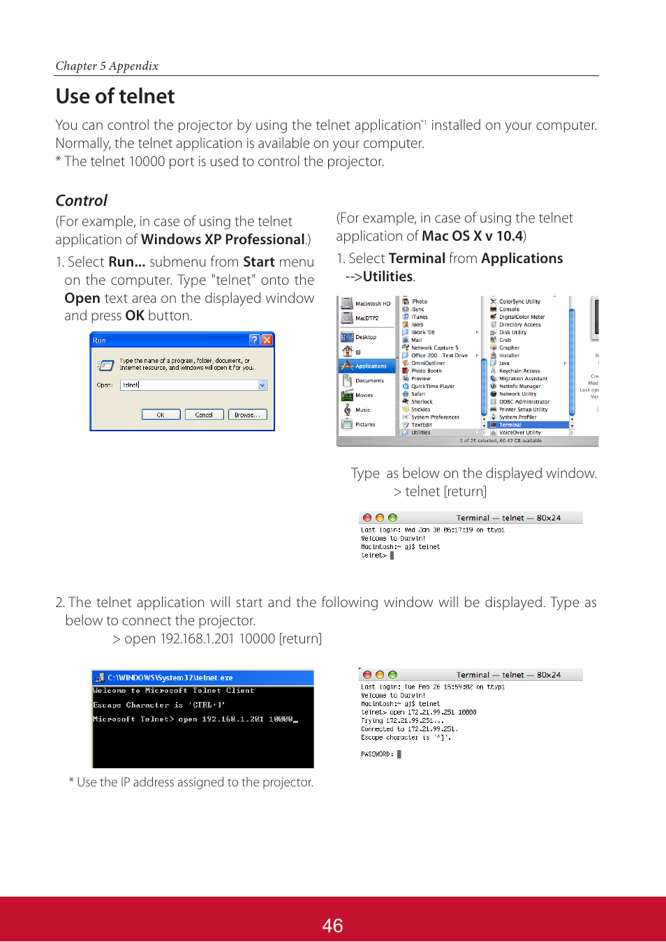 Use of telnet | VIEWSONIC PJL6233 User Manual | Page 133 / 176