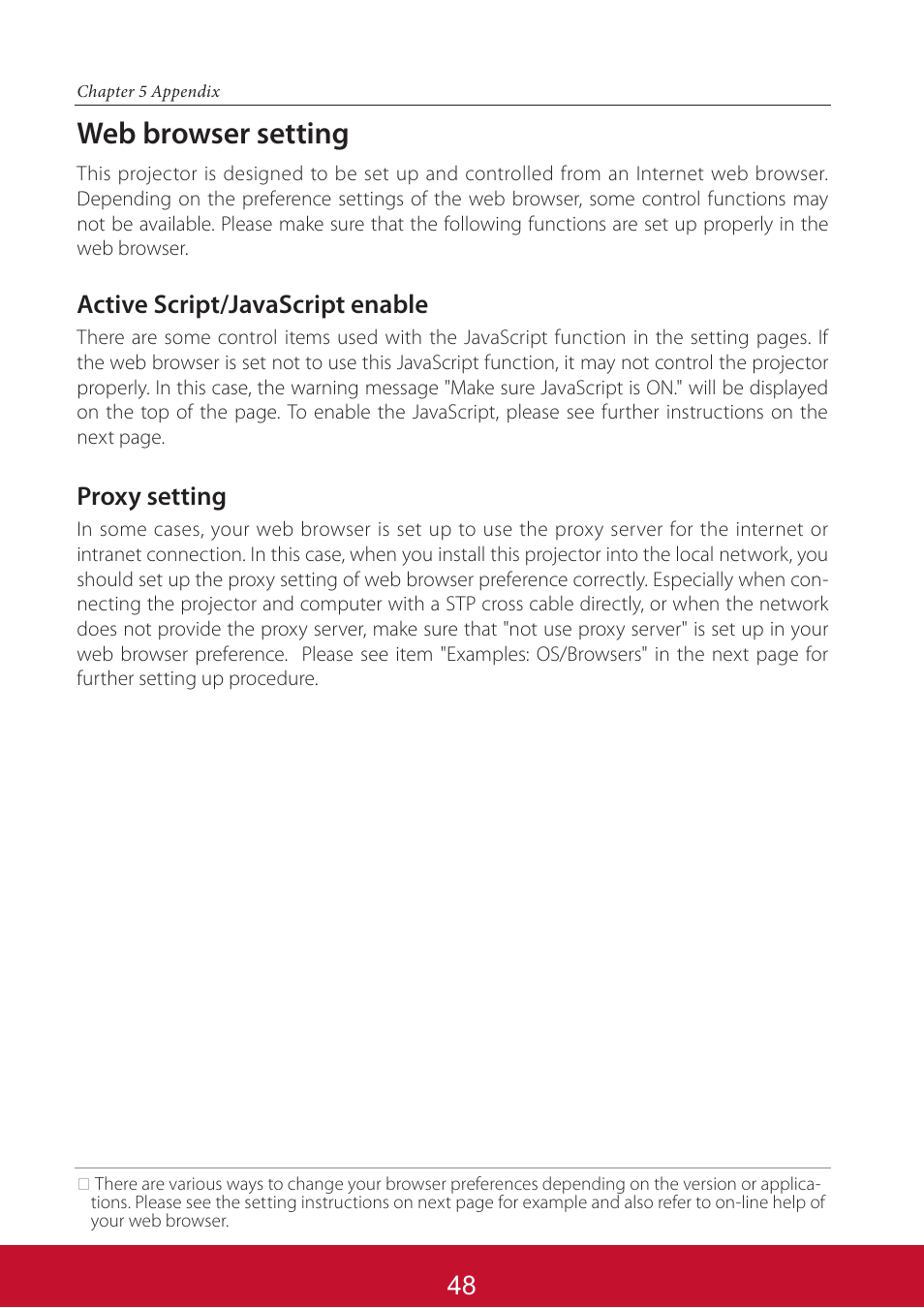 Web browser setting, Active script/javascript enable, Proxy setting | VIEWSONIC PJL6233 User Manual | Page 135 / 176