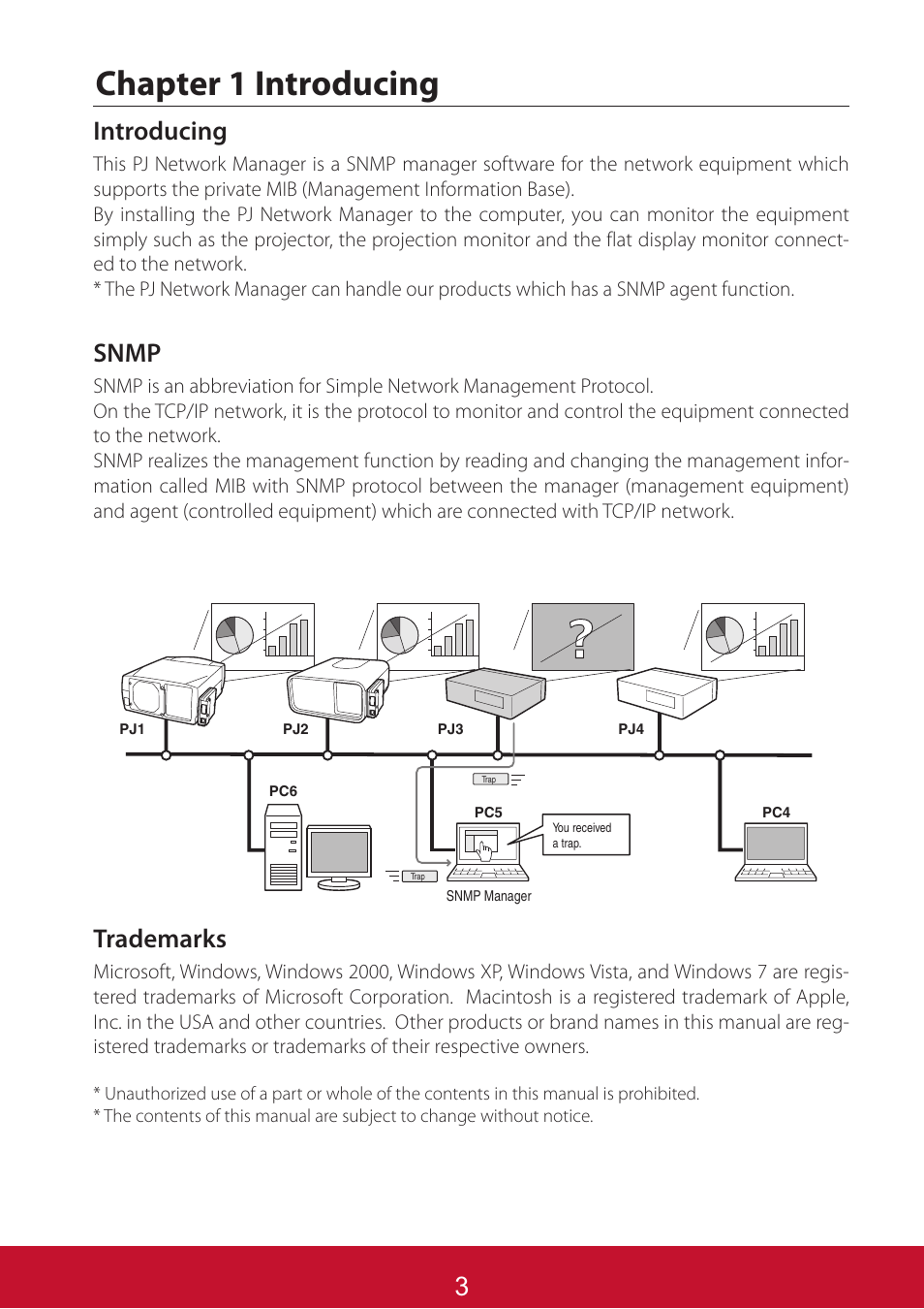 Chapter 1 introducing, Introducing, Snmp | Trademarks | VIEWSONIC PJL6233 User Manual | Page 147 / 176