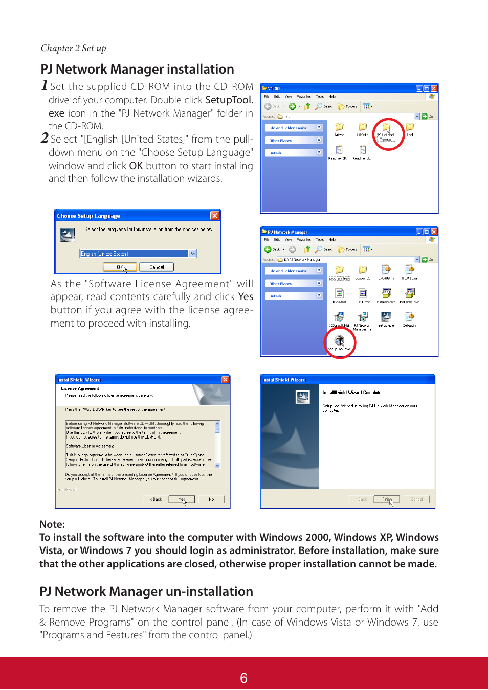 Pj network manager installation, Pj network manager un-installation | VIEWSONIC PJL6233 User Manual | Page 150 / 176