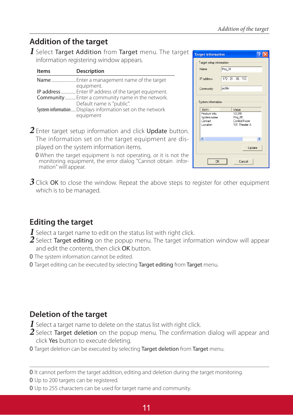 11 addition of the target, Editing the target, Deletion of the target | VIEWSONIC PJL6233 User Manual | Page 155 / 176