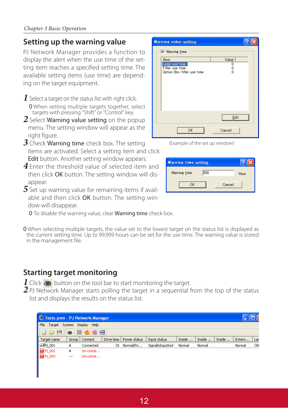 Setting up the warning value, Starting target monitoring | VIEWSONIC PJL6233 User Manual | Page 156 / 176