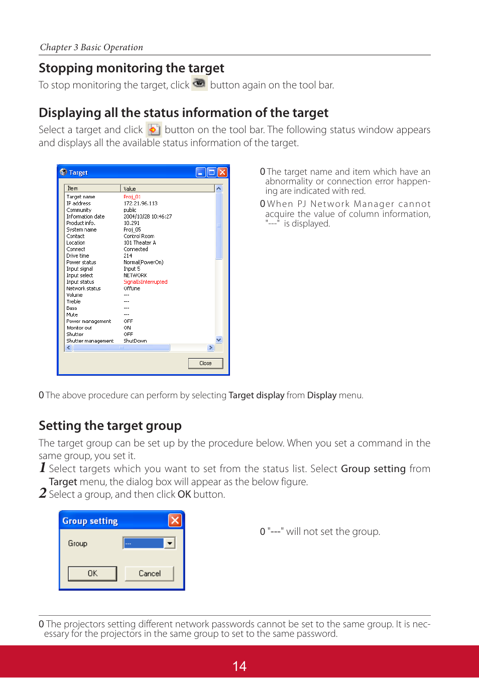 Stopping monitoring the target, Setting the target group | VIEWSONIC PJL6233 User Manual | Page 158 / 176