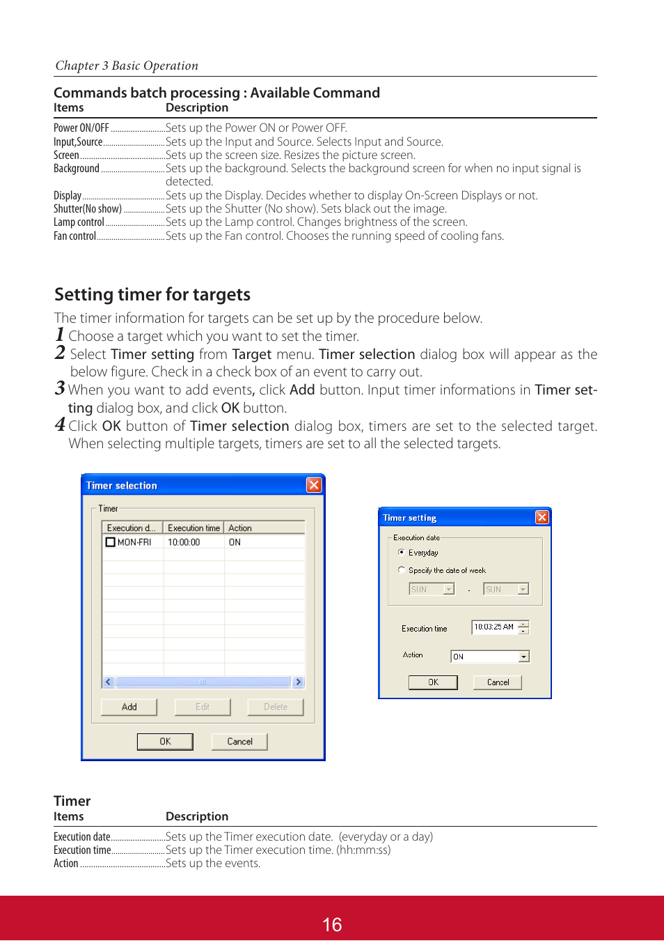 Setting timer for targets | VIEWSONIC PJL6233 User Manual | Page 160 / 176