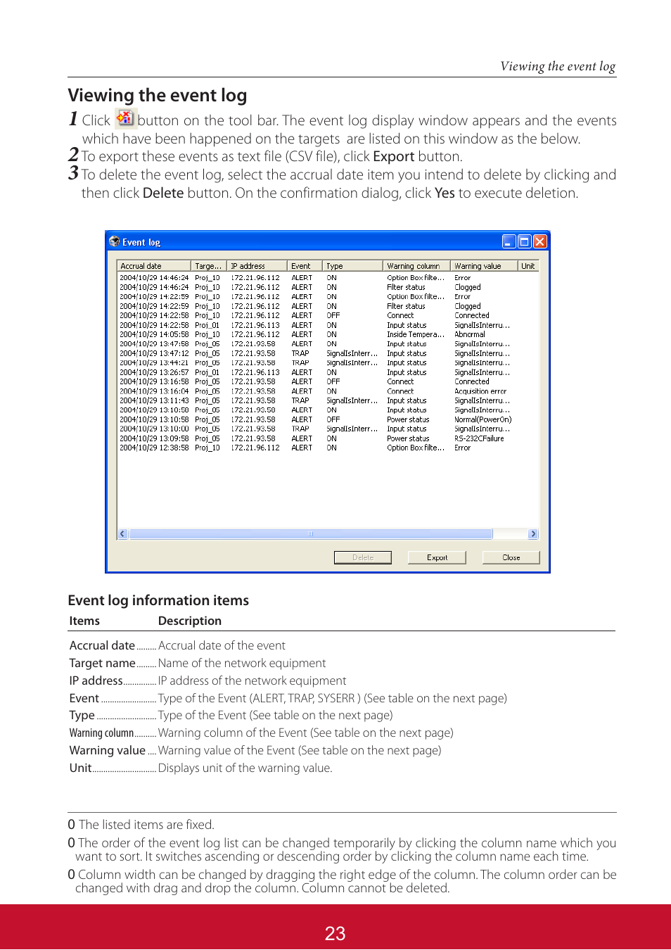 Viewing the event log | VIEWSONIC PJL6233 User Manual | Page 167 / 176