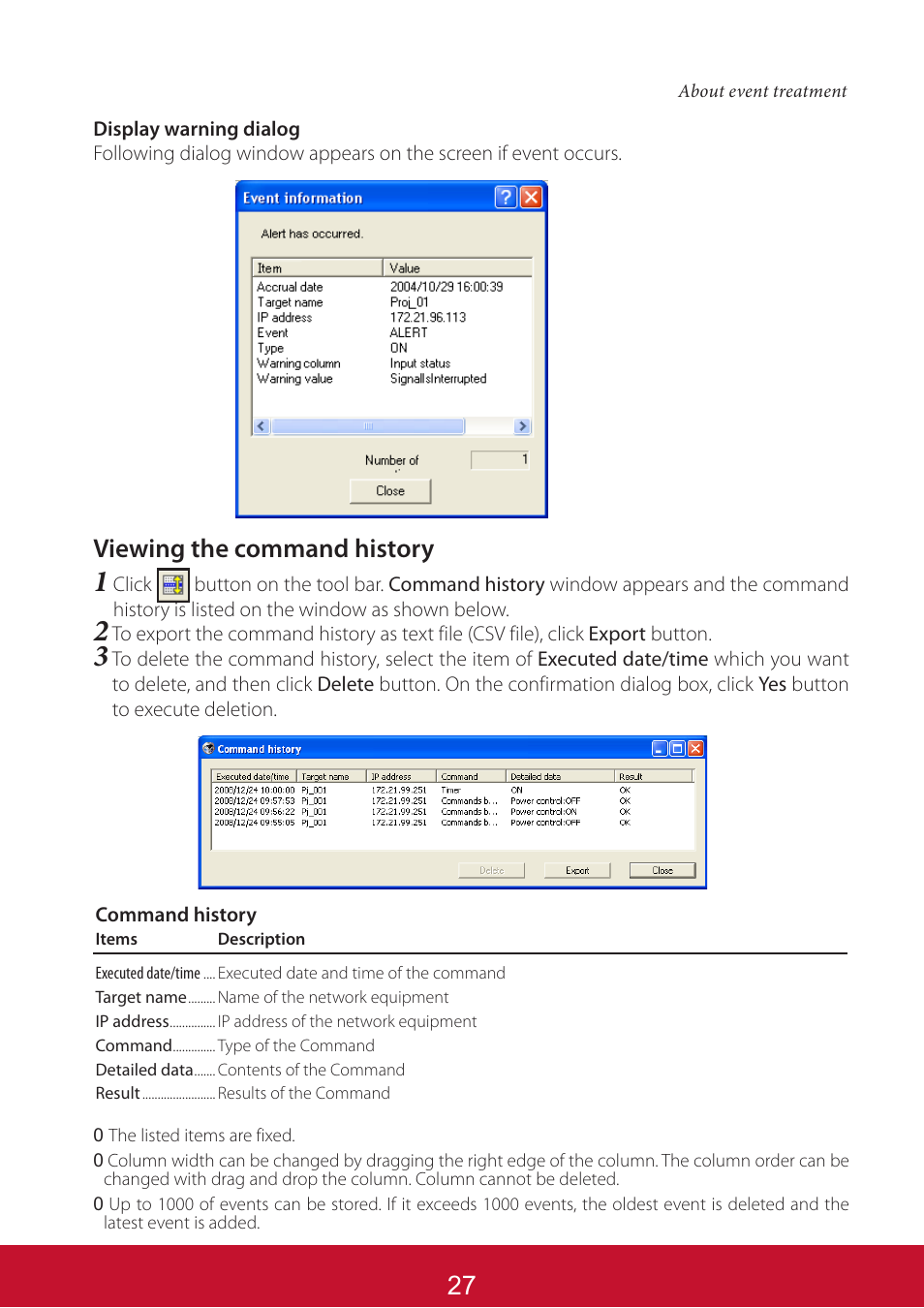 Viewing the command history | VIEWSONIC PJL6233 User Manual | Page 171 / 176