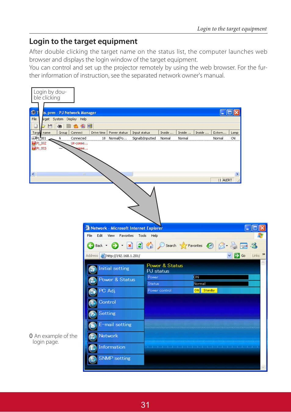 Login to the target equipment | VIEWSONIC PJL6233 User Manual | Page 175 / 176