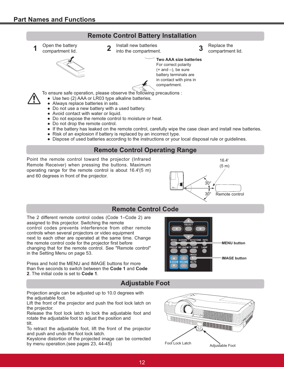 Part names and functions, Adjustable foot, Remote control code | VIEWSONIC PJL6233 User Manual | Page 18 / 176