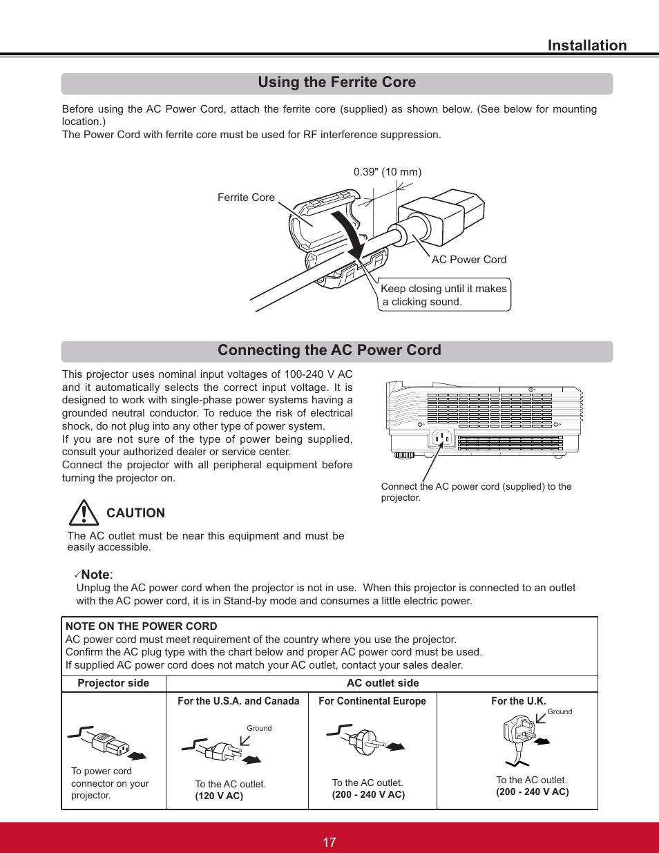 Installation connecting the ac power cord, Using the ferrite core, Caution | VIEWSONIC PJL6233 User Manual | Page 23 / 176