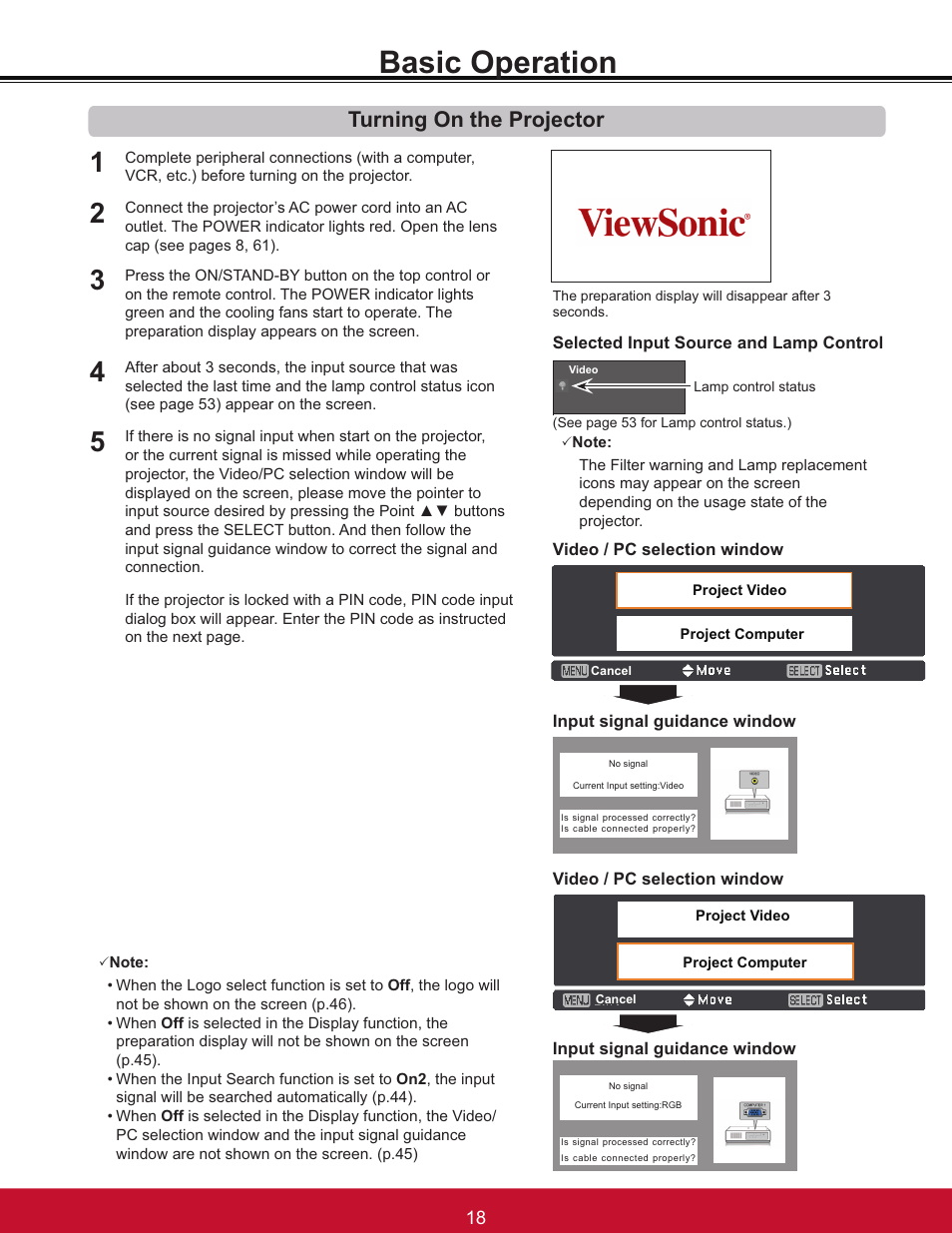 Basic operation, Turning on the projector | VIEWSONIC PJL6233 User Manual | Page 24 / 176