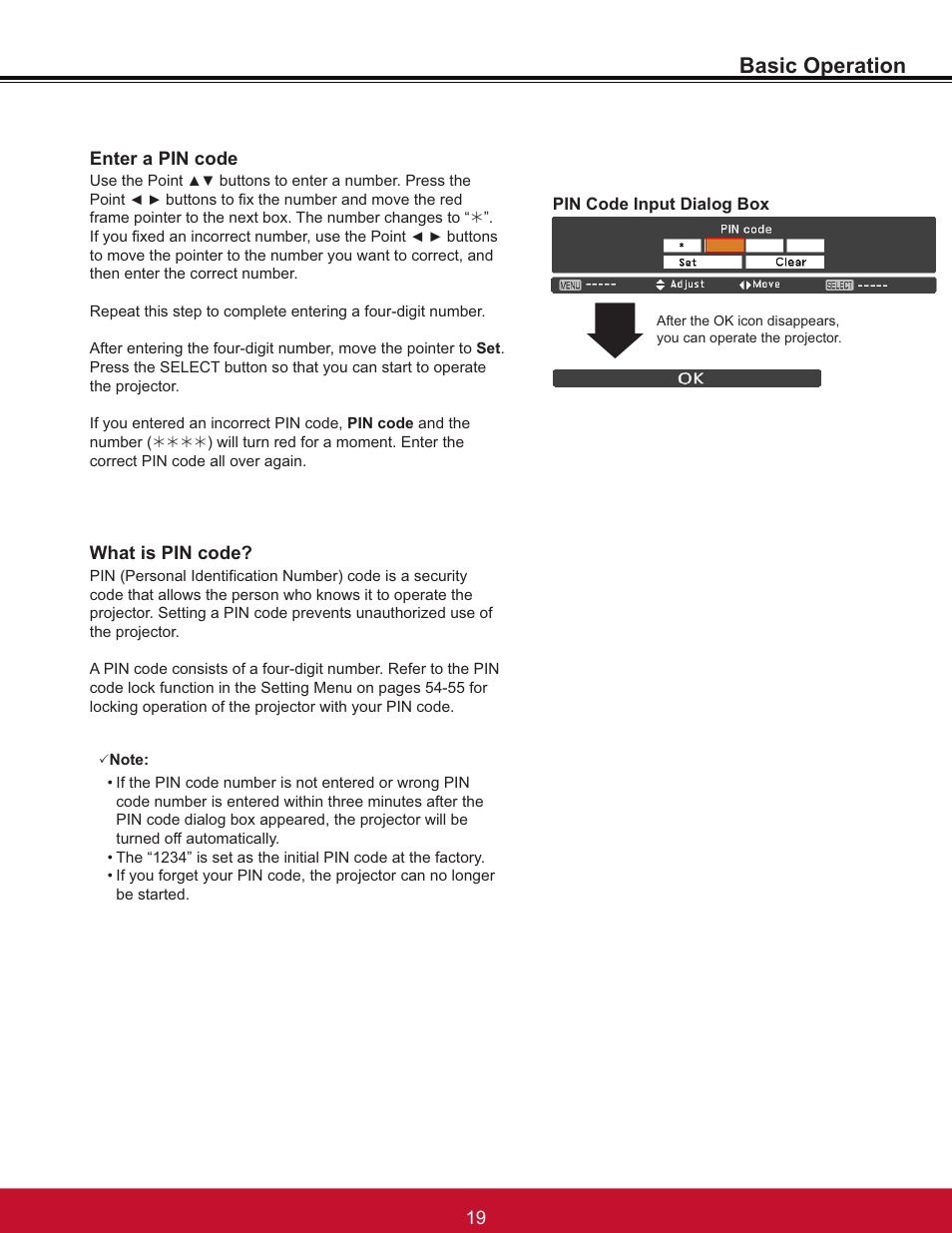 Basic operation, What is pin code, Enter a pin code | VIEWSONIC PJL6233 User Manual | Page 25 / 176