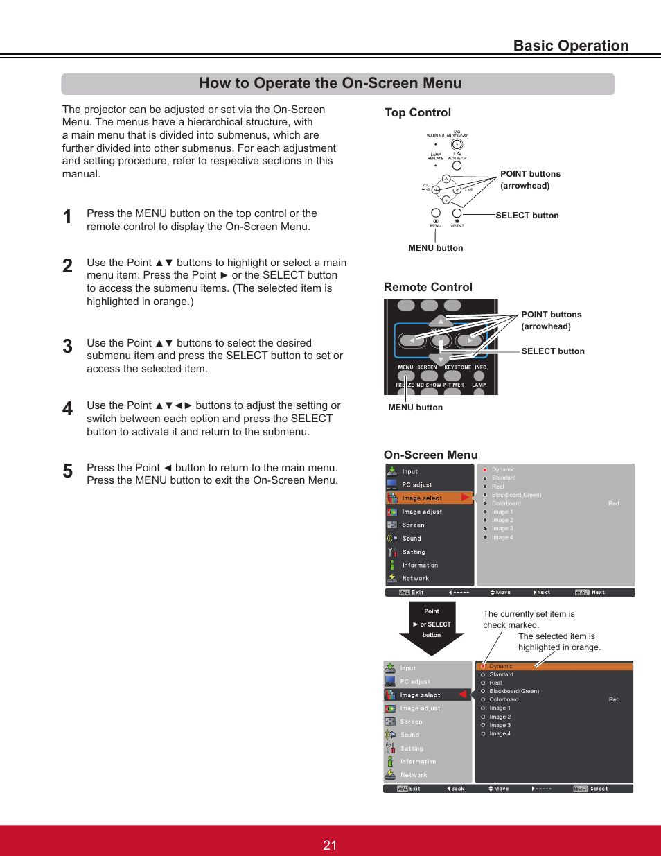 Basic operation how to operate the on-screen menu, On-screen menu top control, Remote control | VIEWSONIC PJL6233 User Manual | Page 27 / 176