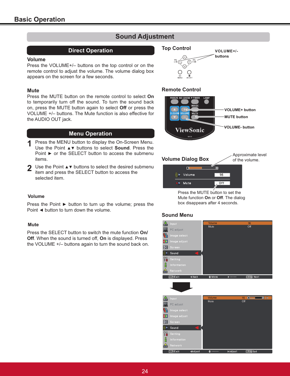 Sound adjustment, Basic operation, Menu operation | Direct operation | VIEWSONIC PJL6233 User Manual | Page 30 / 176