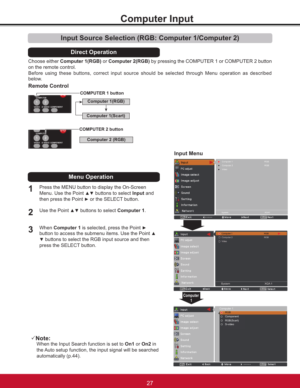 Computer input, Direct operation menu operation | VIEWSONIC PJL6233 User Manual | Page 33 / 176