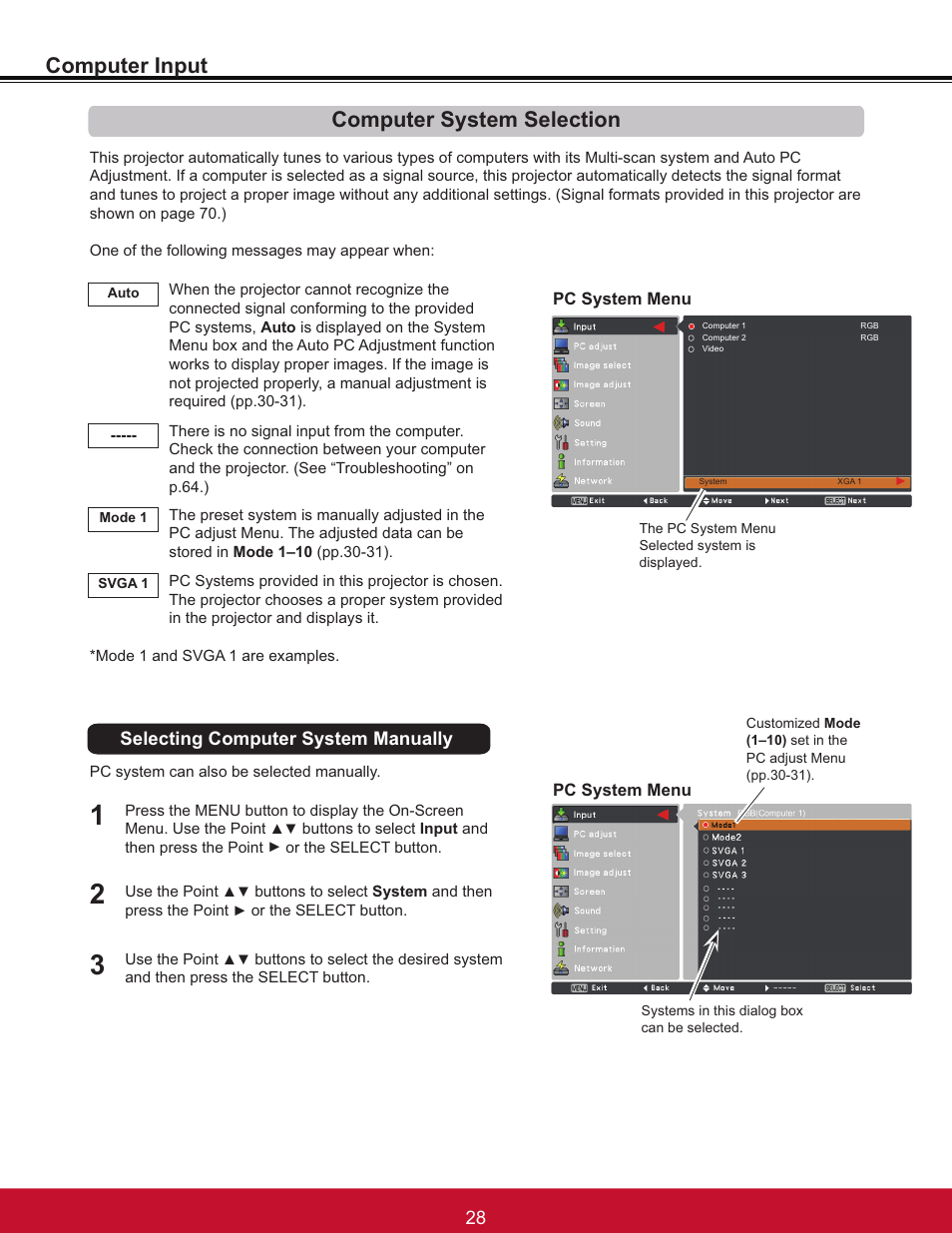 Computer input, Computer system selection, Selecting computer system manually | VIEWSONIC PJL6233 User Manual | Page 34 / 176