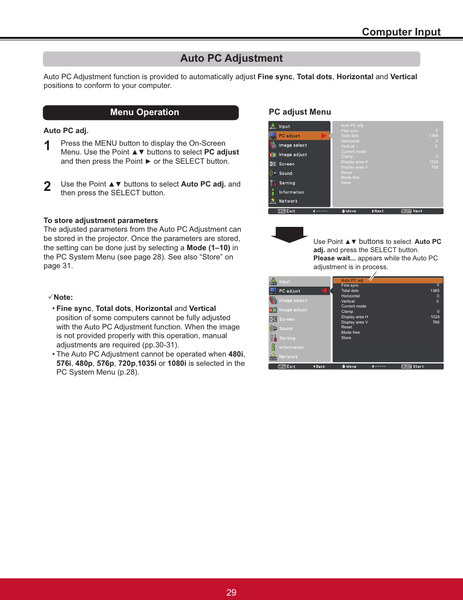 Computer input, Auto pc adjustment, Menu operation | Pc adjust menu | VIEWSONIC PJL6233 User Manual | Page 35 / 176