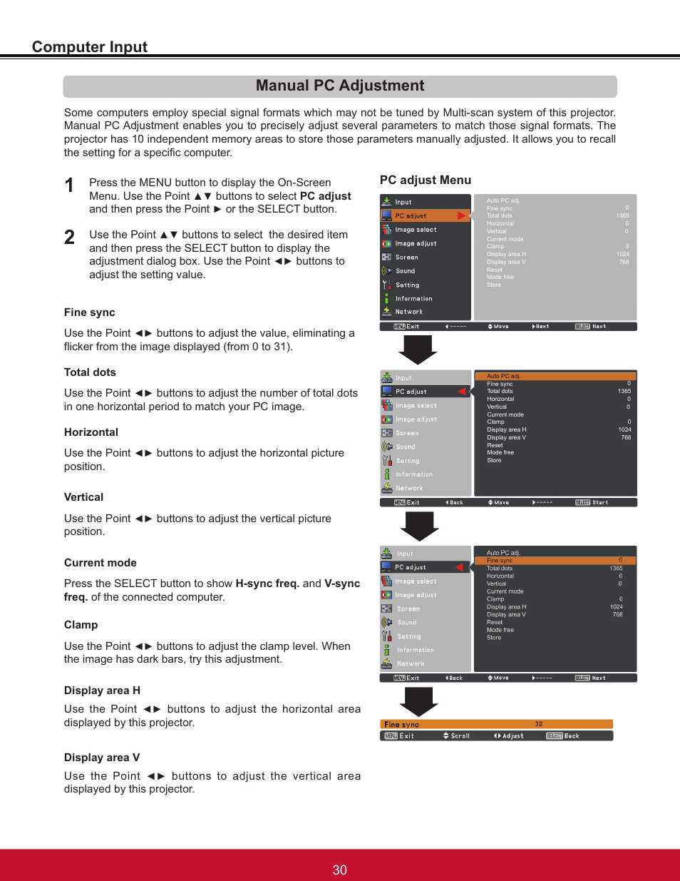 Computer input, Manual pc adjustment, Pc adjust menu | VIEWSONIC PJL6233 User Manual | Page 36 / 176