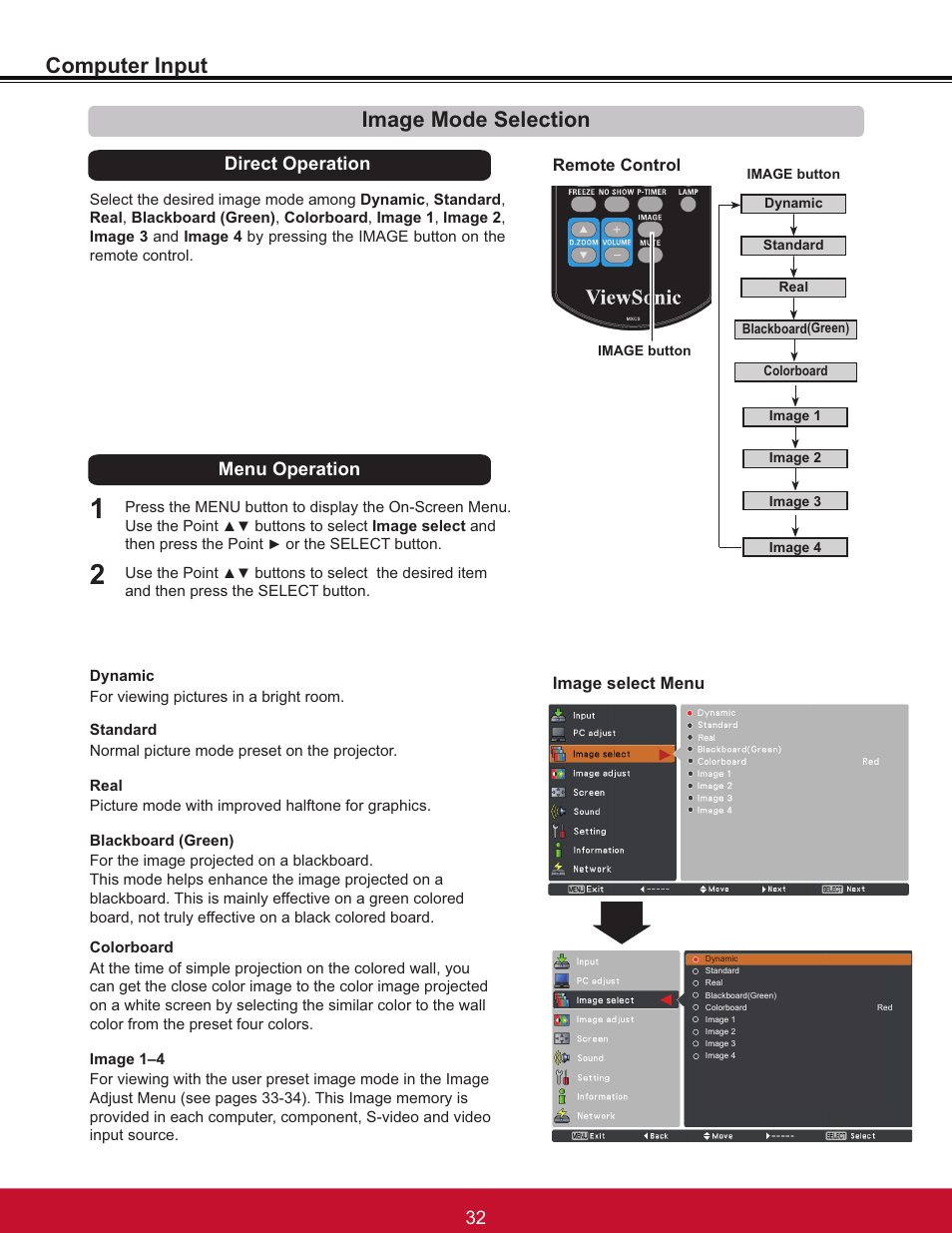 Computer input, Image mode selection, Direct operation | Menu operation | VIEWSONIC PJL6233 User Manual | Page 38 / 176