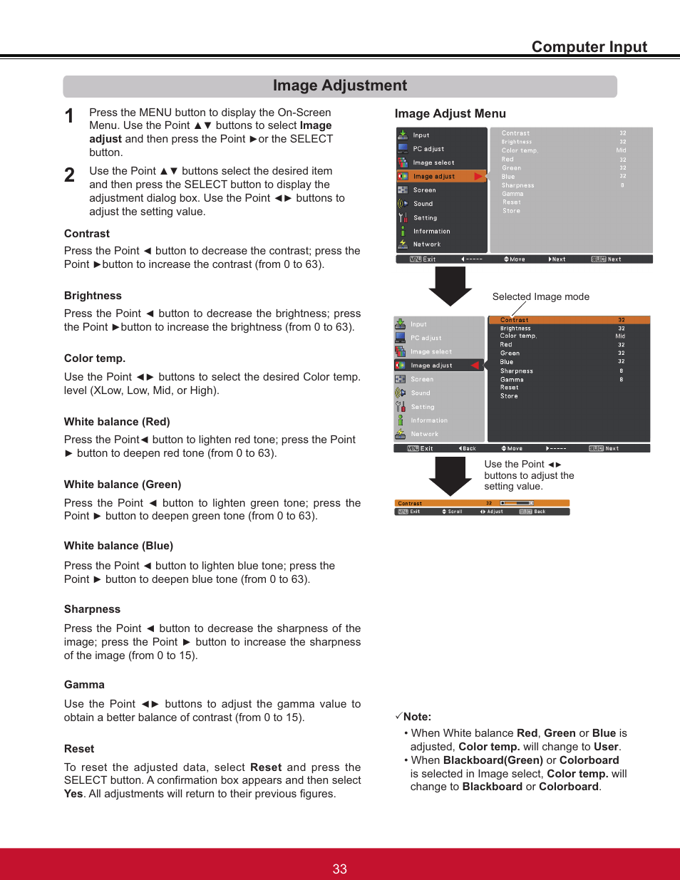 Computer input, Image adjustment | VIEWSONIC PJL6233 User Manual | Page 39 / 176