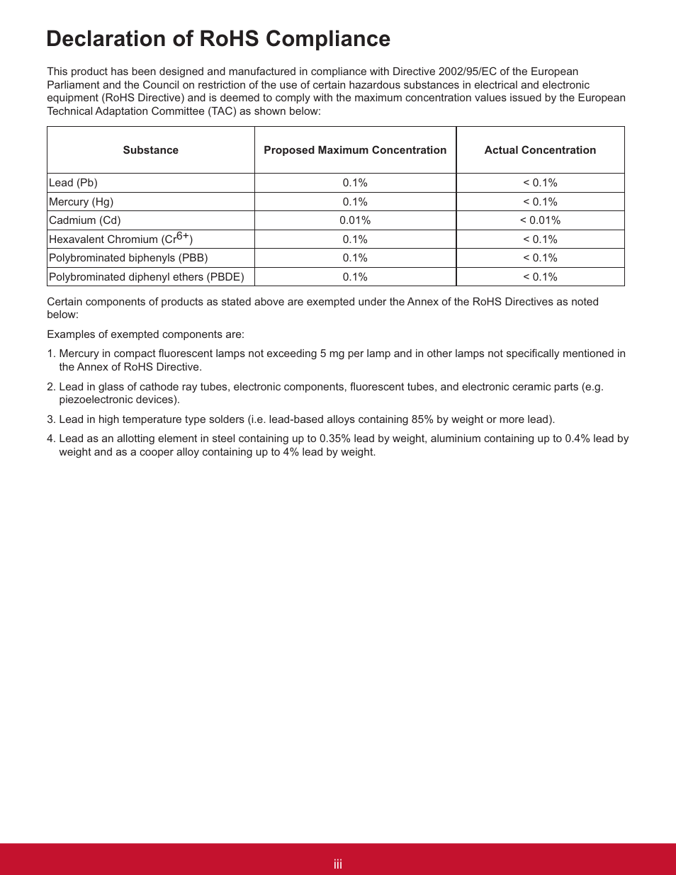 Declaration of rohs compliance | VIEWSONIC PJL6233 User Manual | Page 4 / 176