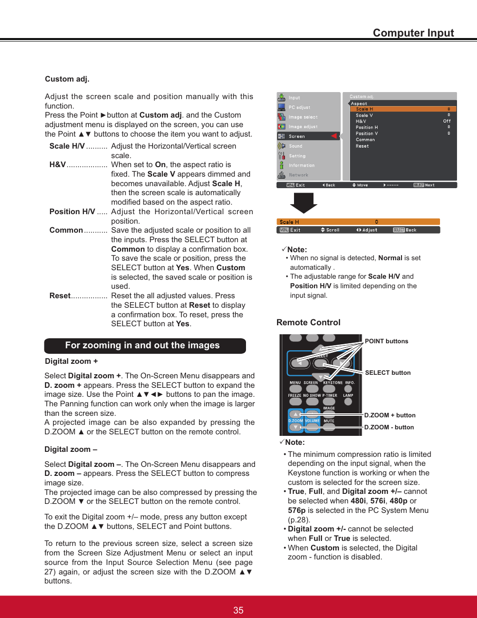 Computer input, For zooming in and out the images | VIEWSONIC PJL6233 User Manual | Page 41 / 176