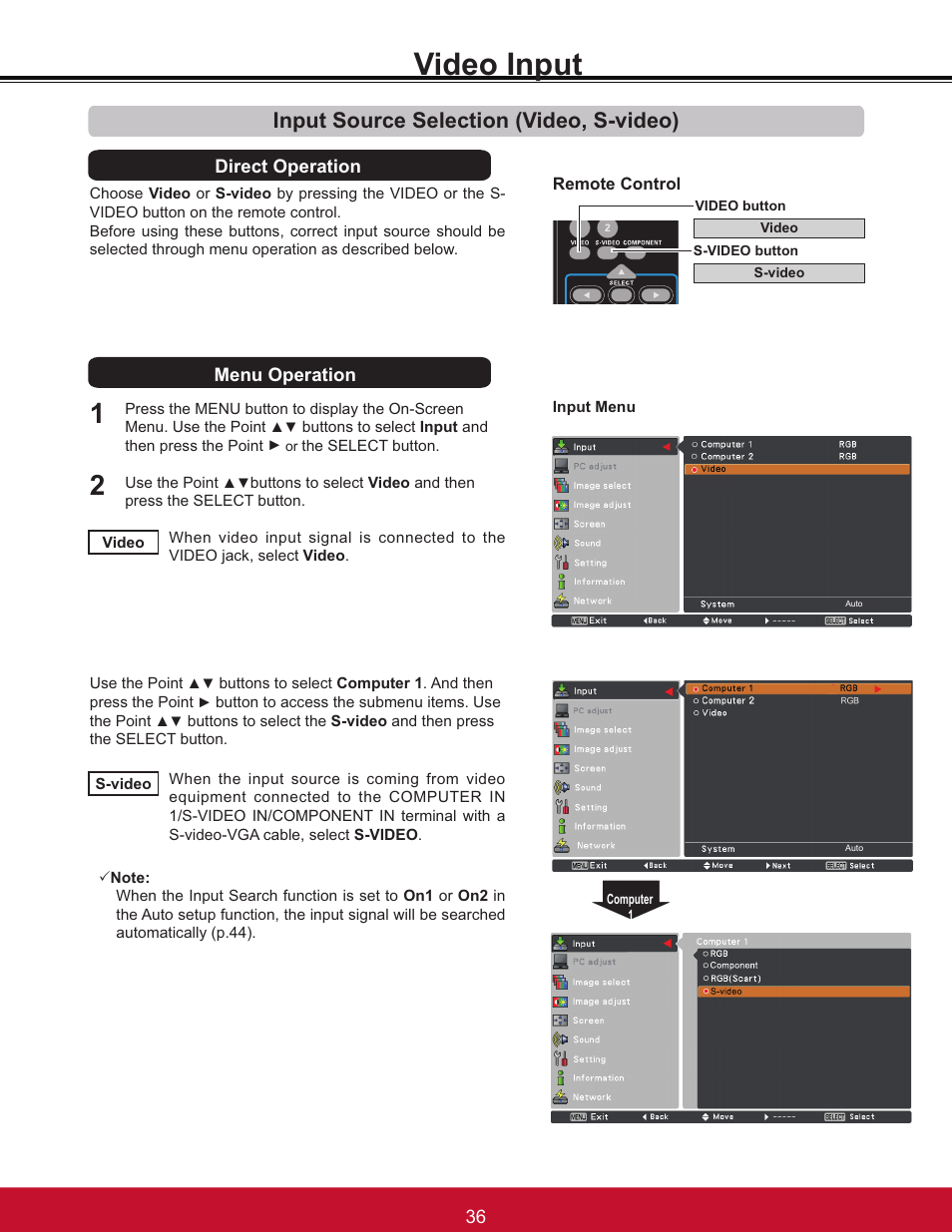 Video input, Input source selection (video, s-video), Direct operation | Menu operation | VIEWSONIC PJL6233 User Manual | Page 42 / 176