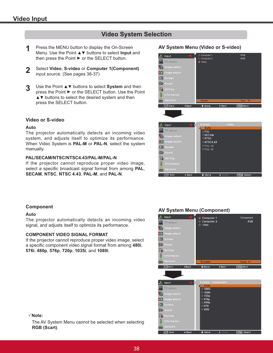 Video input video system selection | VIEWSONIC PJL6233 User Manual | Page 44 / 176