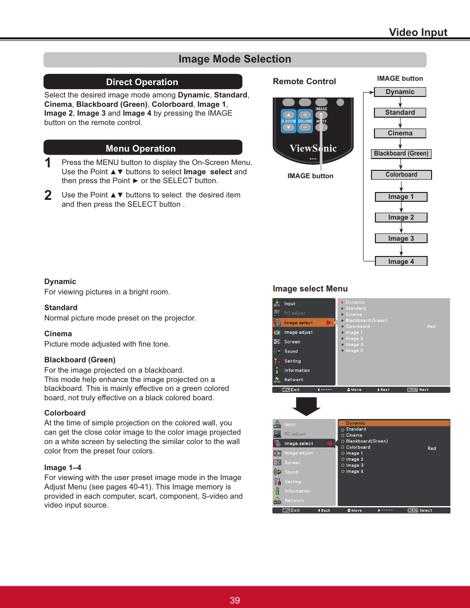 Video input, Image mode selection, Direct operation menu operation | VIEWSONIC PJL6233 User Manual | Page 45 / 176