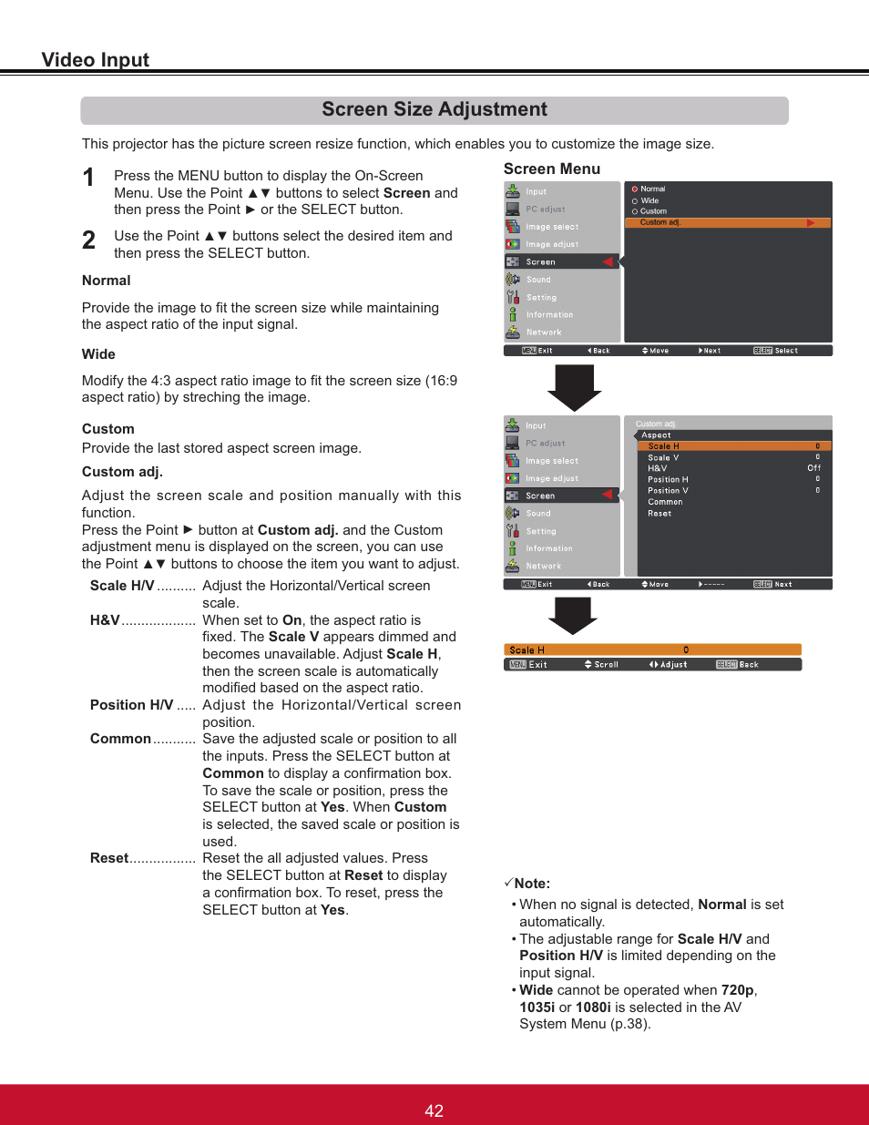 Video input, Screen size adjustment | VIEWSONIC PJL6233 User Manual | Page 48 / 176