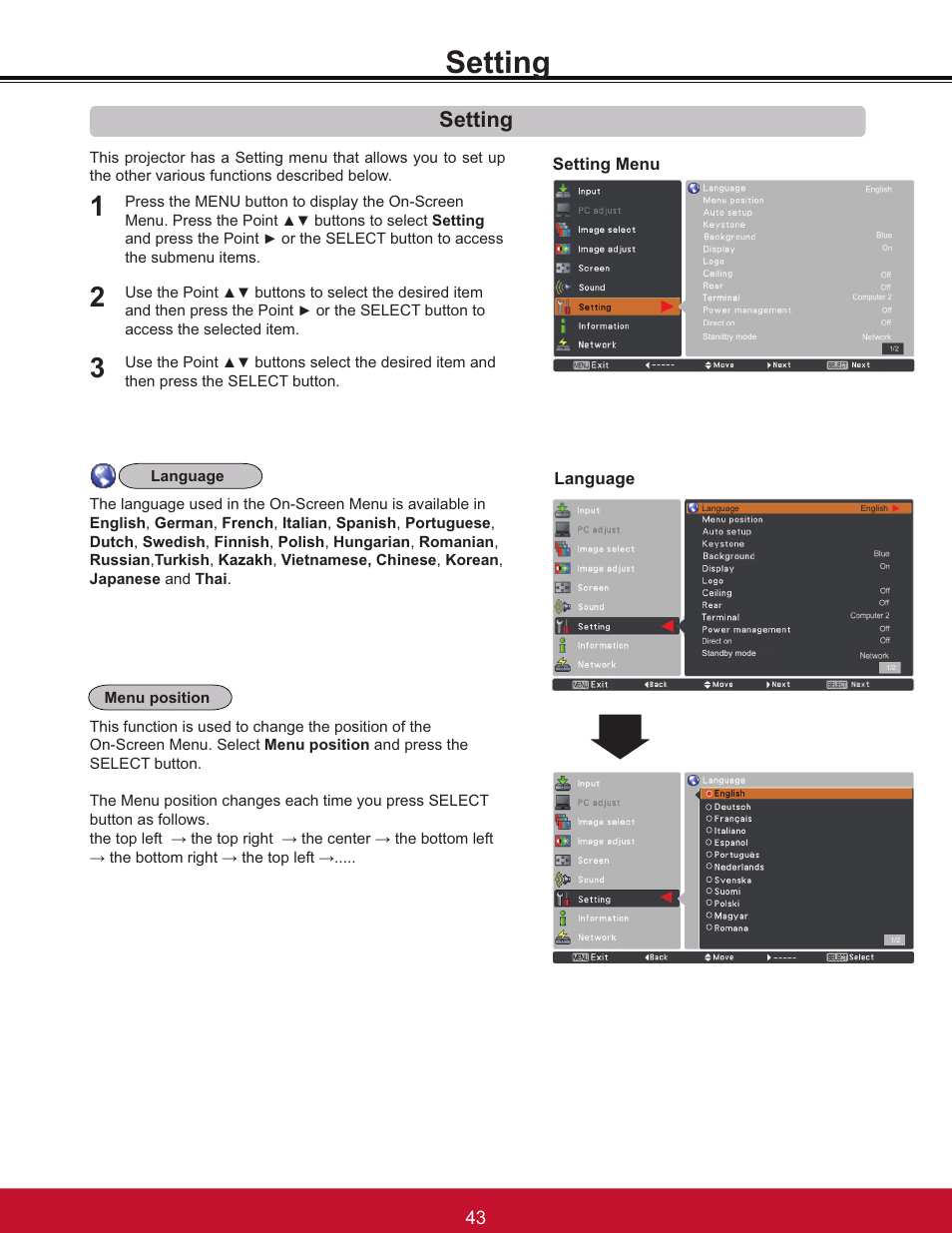 Setting | VIEWSONIC PJL6233 User Manual | Page 49 / 176