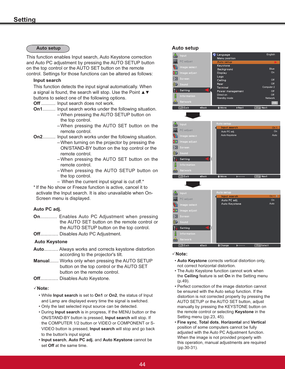 Setting, Auto setup | VIEWSONIC PJL6233 User Manual | Page 50 / 176