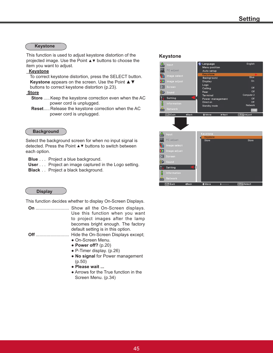 Setting, Keystone | VIEWSONIC PJL6233 User Manual | Page 51 / 176