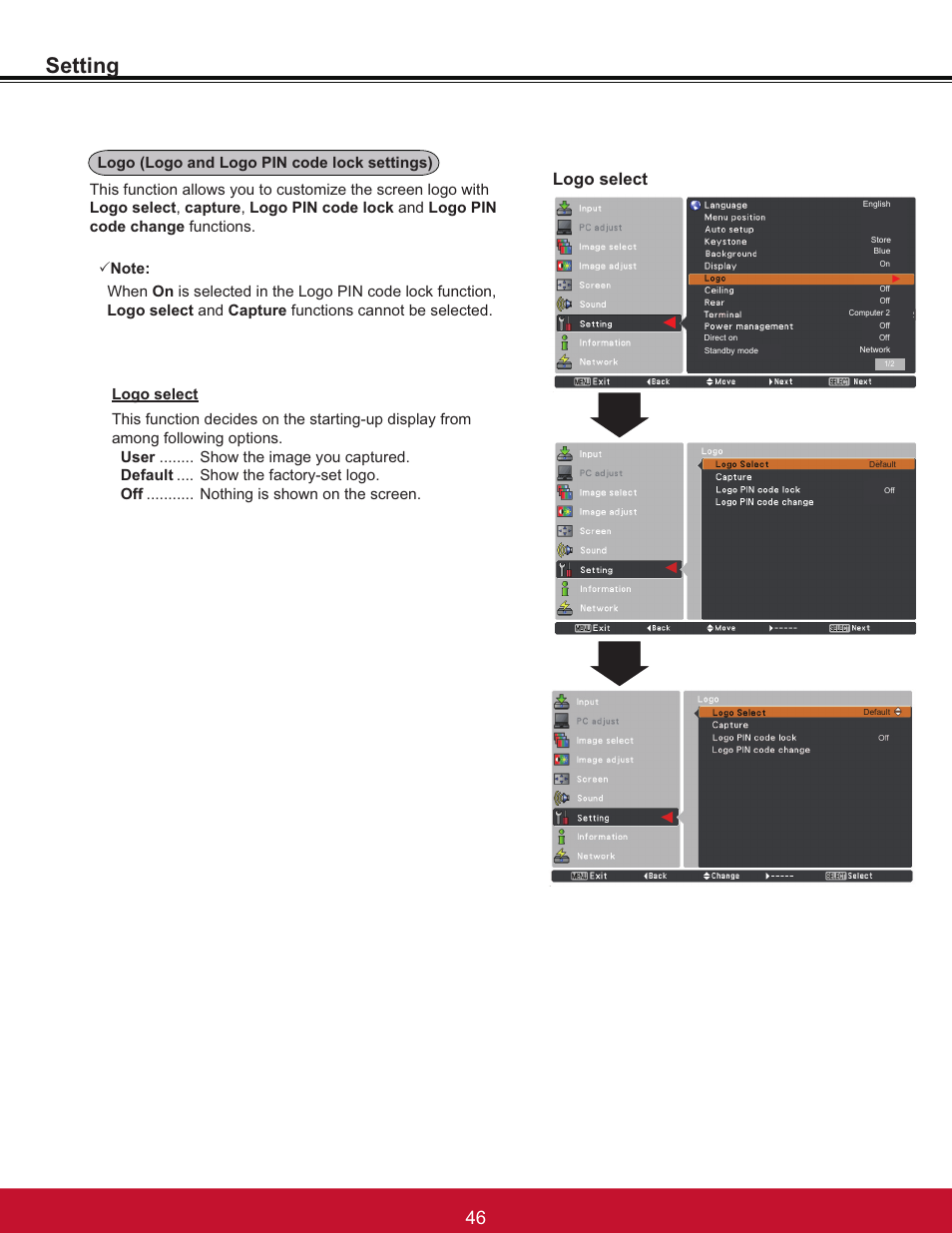 Setting, Logo select, Logo (logo and logo pin code lock settings) | VIEWSONIC PJL6233 User Manual | Page 52 / 176