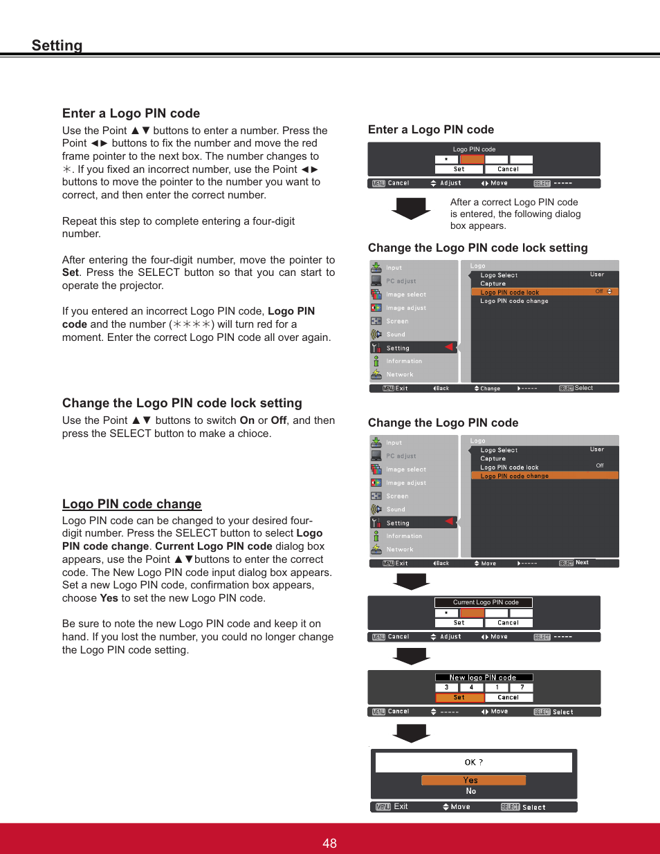 Setting, Enter a logo pin code, Logo pin code change | Change the logo pin code lock setting | VIEWSONIC PJL6233 User Manual | Page 54 / 176