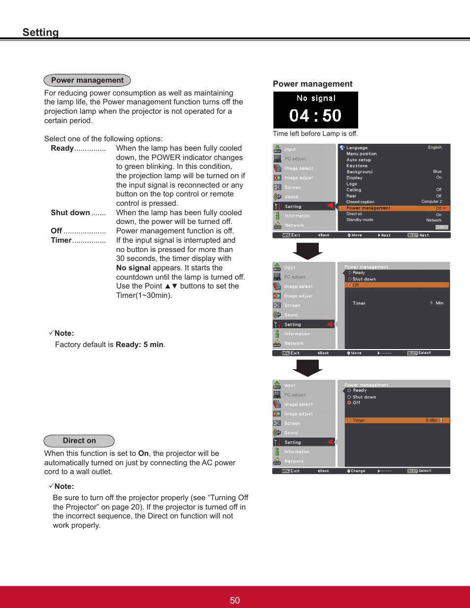 Setting, Power management | VIEWSONIC PJL6233 User Manual | Page 56 / 176
