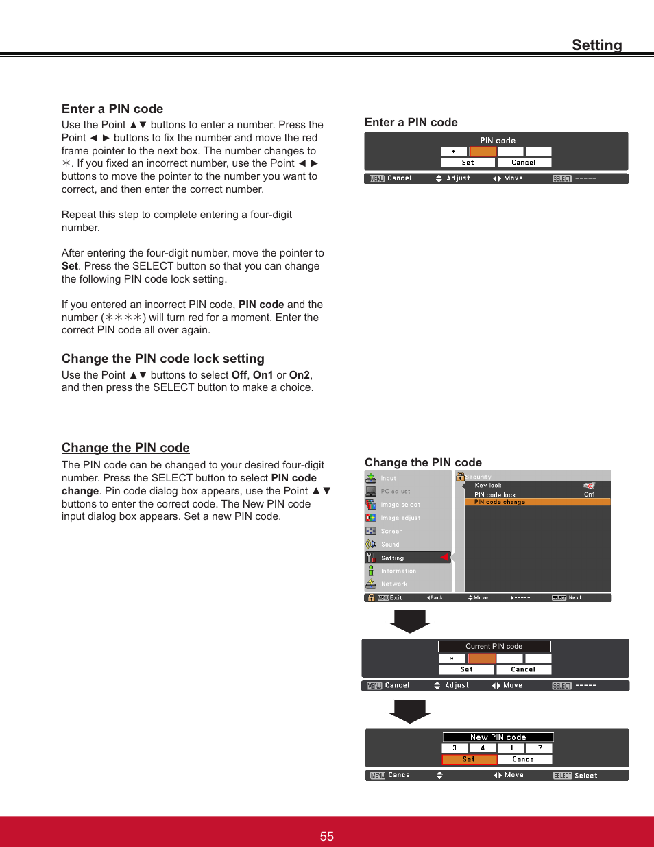 Setting, Change the pin code lock setting enter a pin code, Change the pin code | VIEWSONIC PJL6233 User Manual | Page 61 / 176