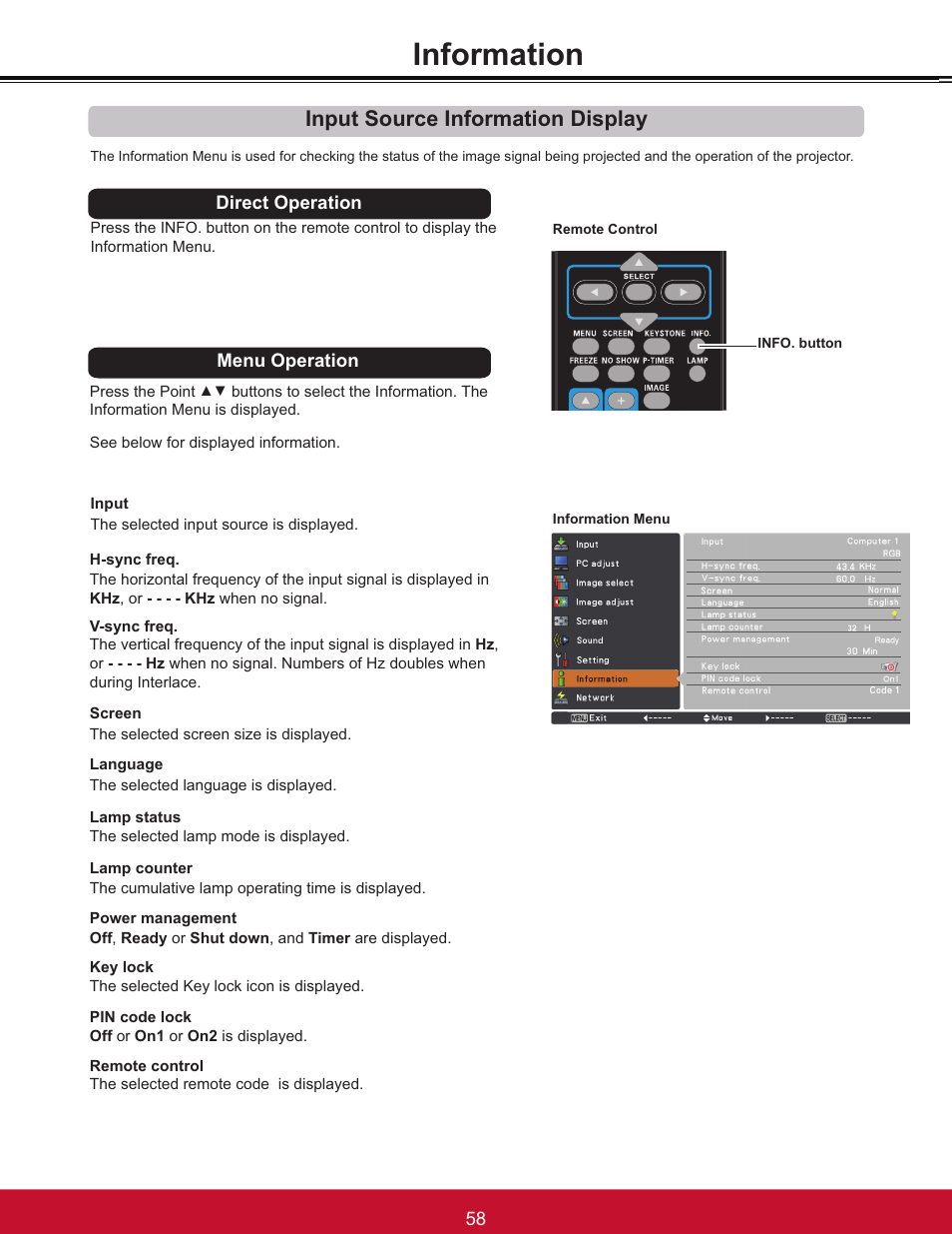 Information, Input source information display, Direct operation menu operation | VIEWSONIC PJL6233 User Manual | Page 64 / 176