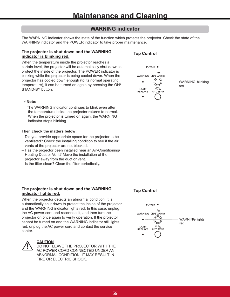 Maintenance and cleaning, Warning indicator | VIEWSONIC PJL6233 User Manual | Page 65 / 176