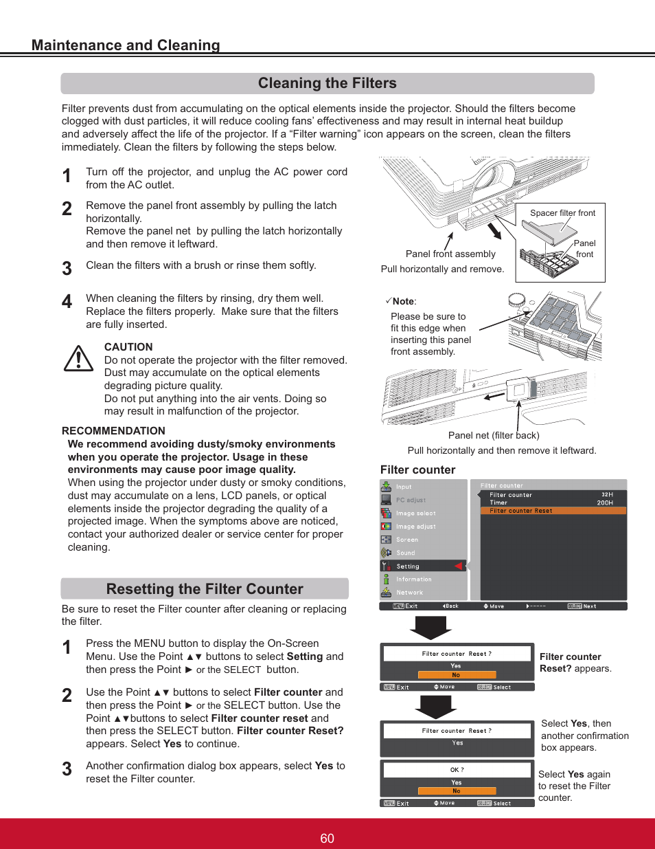 Maintenance and cleaning, Resetting the filter counter, Cleaning the filters | VIEWSONIC PJL6233 User Manual | Page 66 / 176