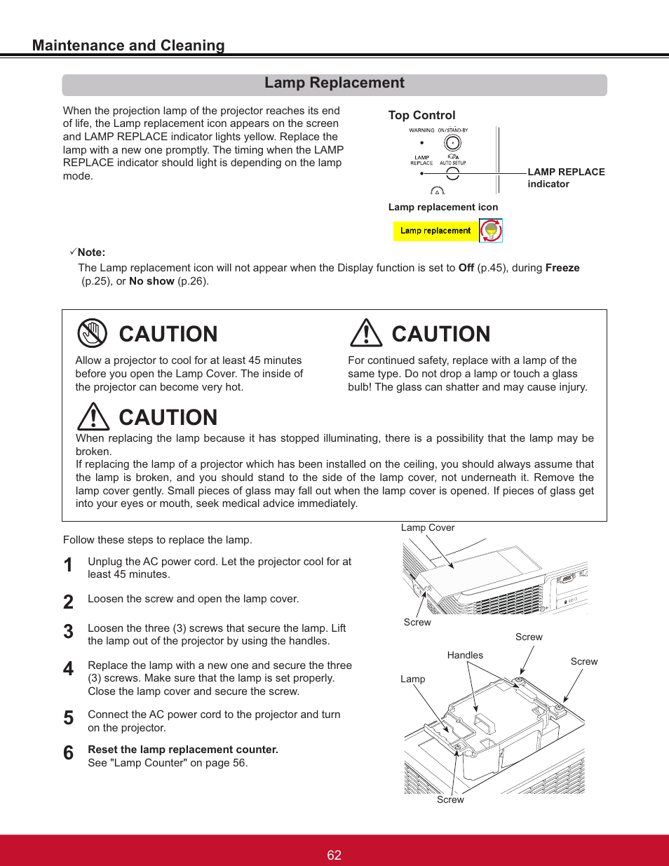 Caution, Maintenance and cleaning, Lamp replacement | VIEWSONIC PJL6233 User Manual | Page 68 / 176