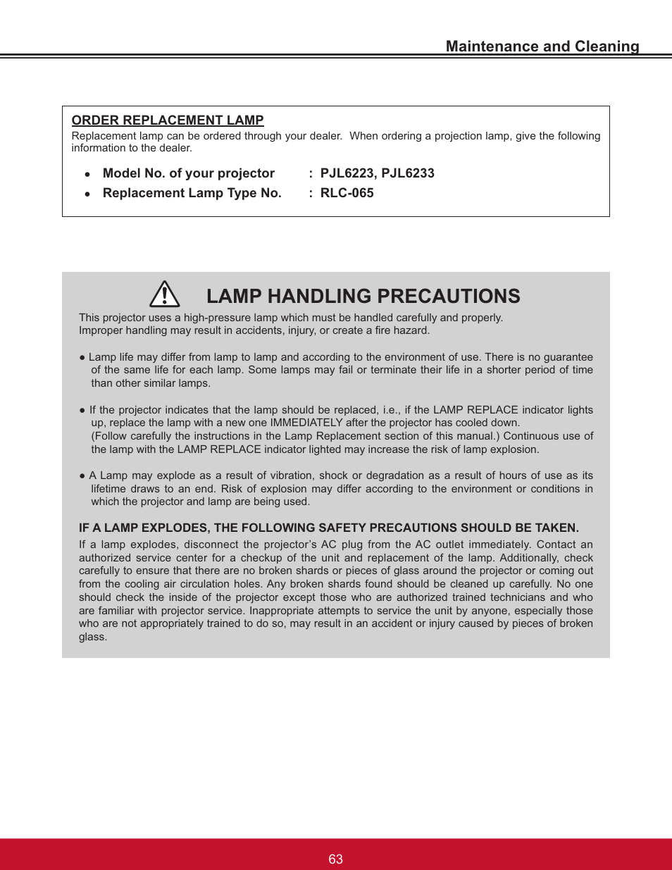 Lamp handling precautions, Maintenance and cleaning | VIEWSONIC PJL6233 User Manual | Page 69 / 176