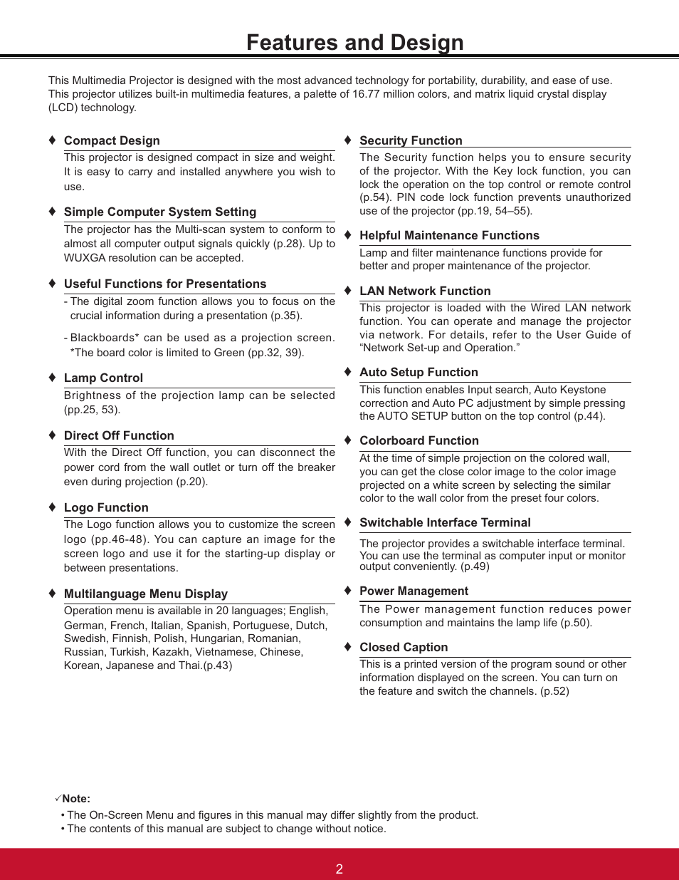 Features and design | VIEWSONIC PJL6233 User Manual | Page 8 / 176