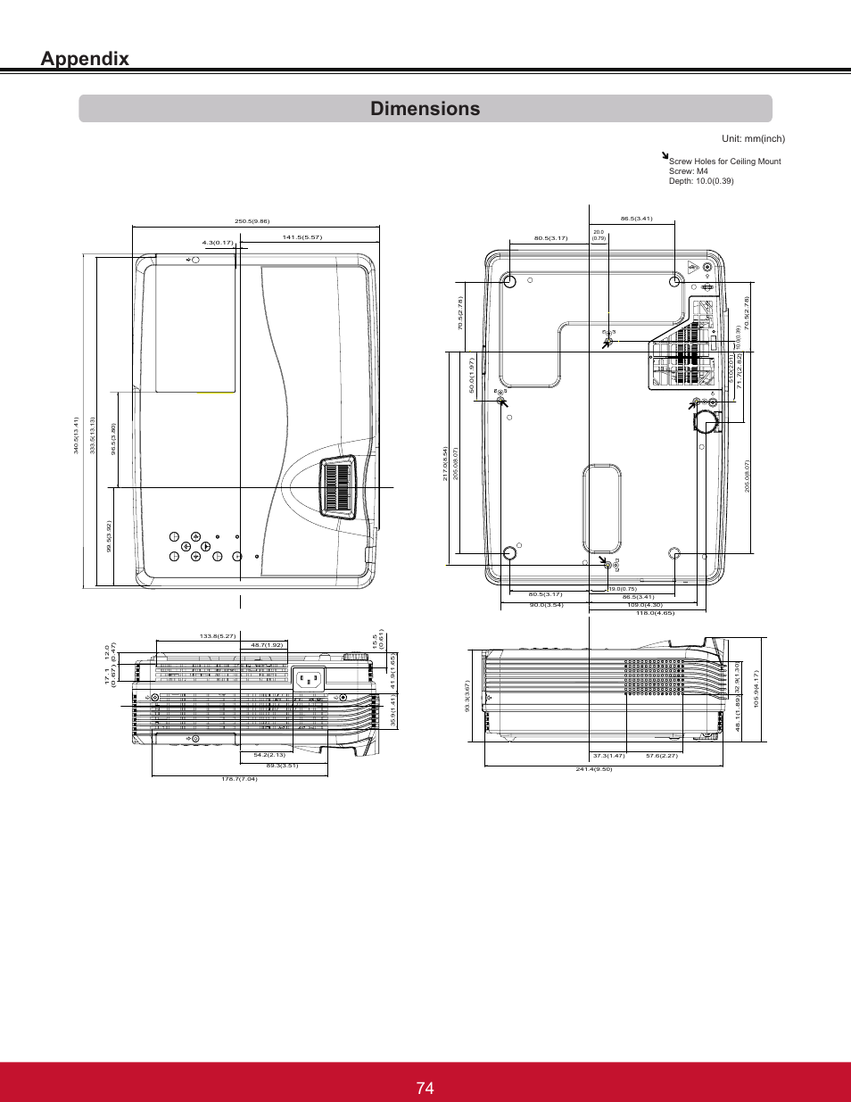 Appendix dimensions, Unit: mm(inch), Screw holes for ceiling mount 6fuhz0 'hswk | VIEWSONIC PJL6233 User Manual | Page 80 / 176