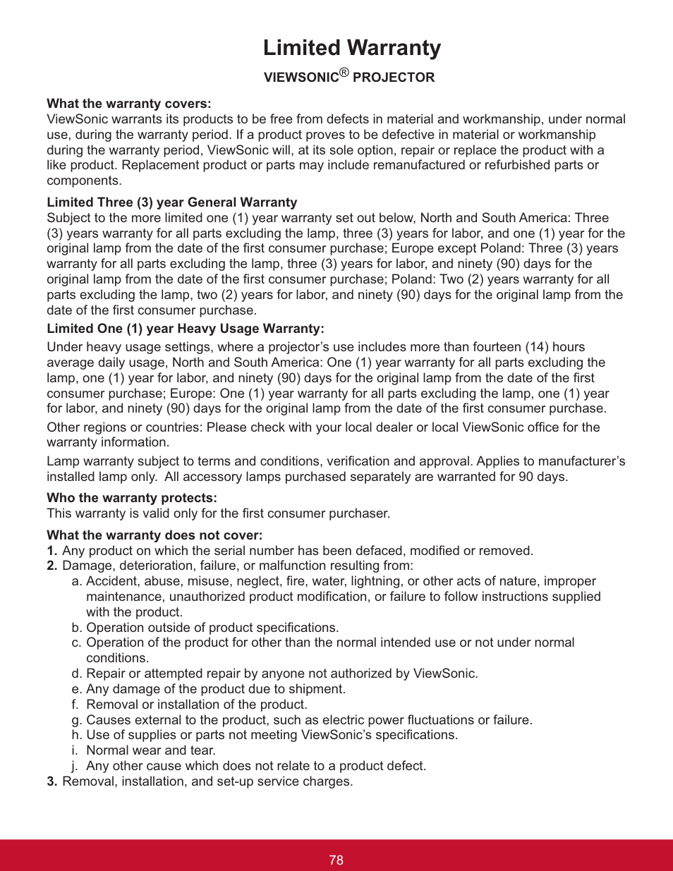 Limited warranty | VIEWSONIC PJL6233 User Manual | Page 84 / 176