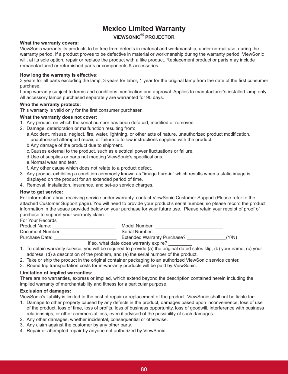 Mexico limited warranty | VIEWSONIC PJL6233 User Manual | Page 86 / 176