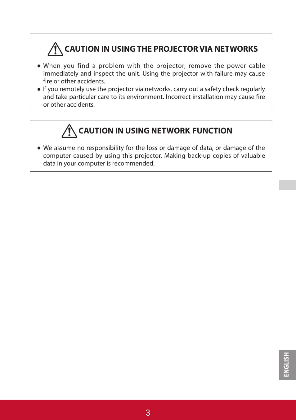Caution in using the projector via networks, Caution in using network function | VIEWSONIC PJL6233 User Manual | Page 90 / 176