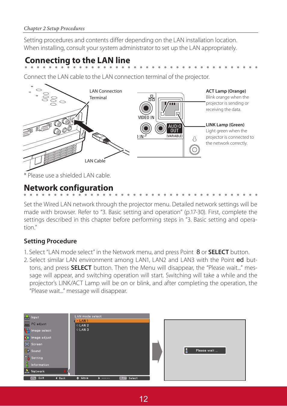 Network configuration, Connecting to the lan line | VIEWSONIC PJL6233 User Manual | Page 99 / 176