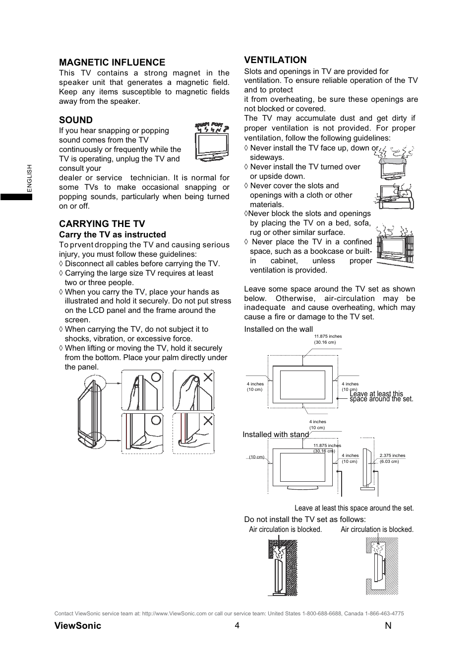Magnetic influence, Sound, Carrying the tv | Ventilation | VIEWSONIC N4290p User Manual | Page 11 / 42