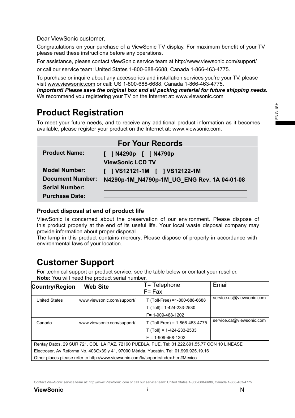 Product registration, Customer support, For your records | VIEWSONIC N4290p User Manual | Page 2 / 42