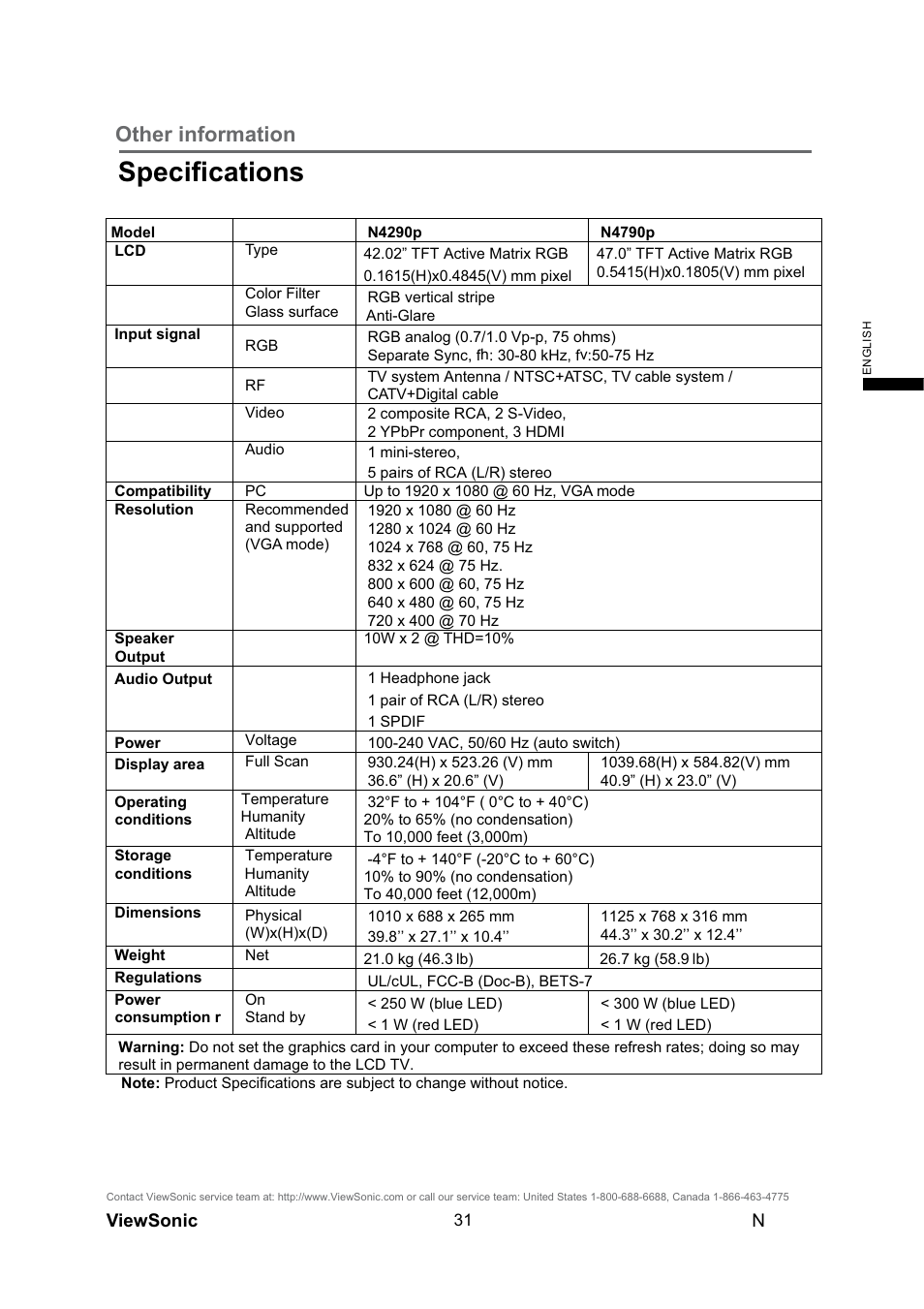 Speciﬁcations, Other information | VIEWSONIC N4290p User Manual | Page 38 / 42